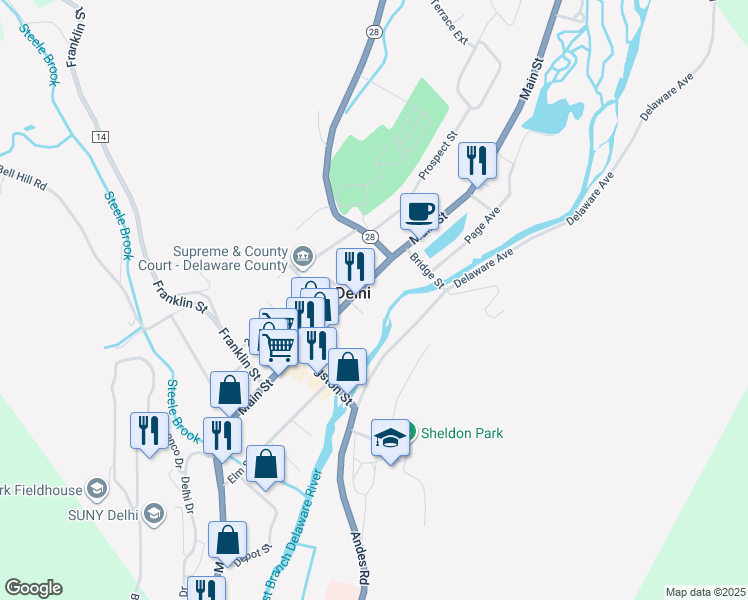 map of restaurants, bars, coffee shops, grocery stores, and more near 127 Main Street in Delhi
