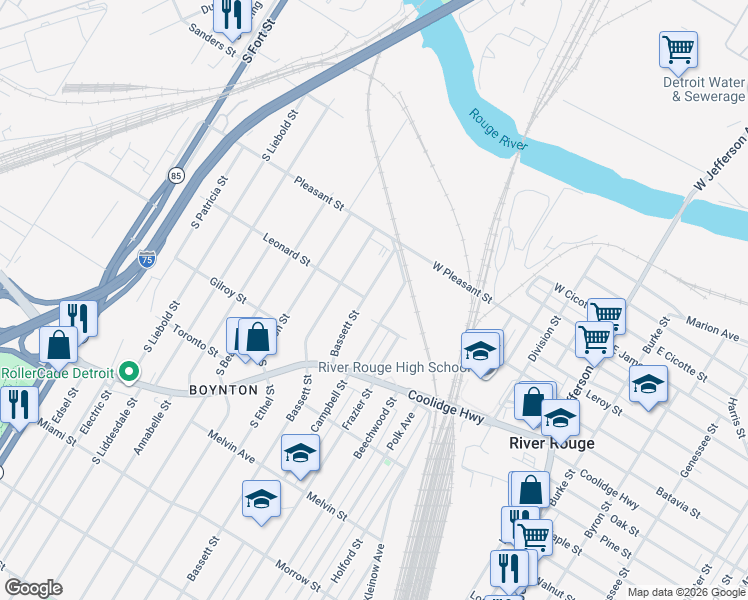map of restaurants, bars, coffee shops, grocery stores, and more near 1145 Bassett Street in Detroit