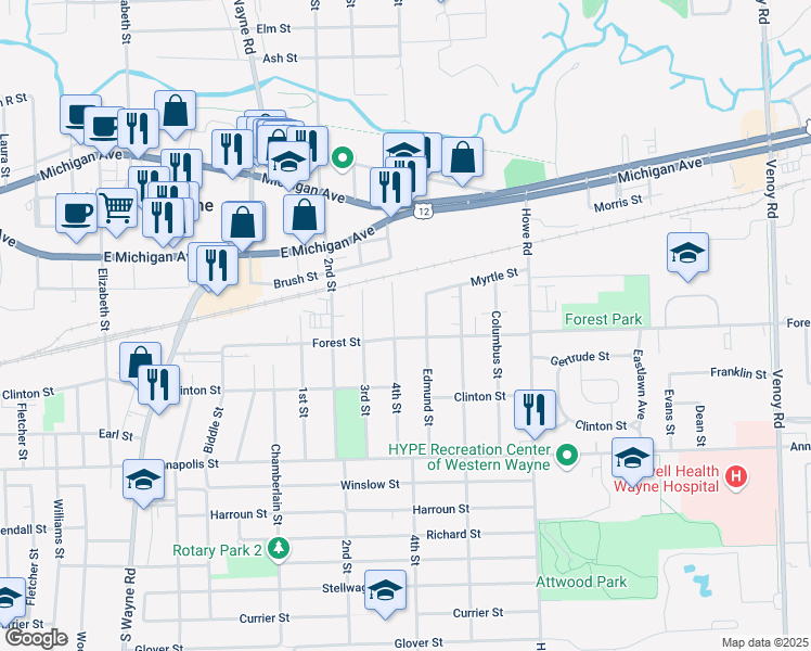 map of restaurants, bars, coffee shops, grocery stores, and more near 4113 4th Street in Wayne