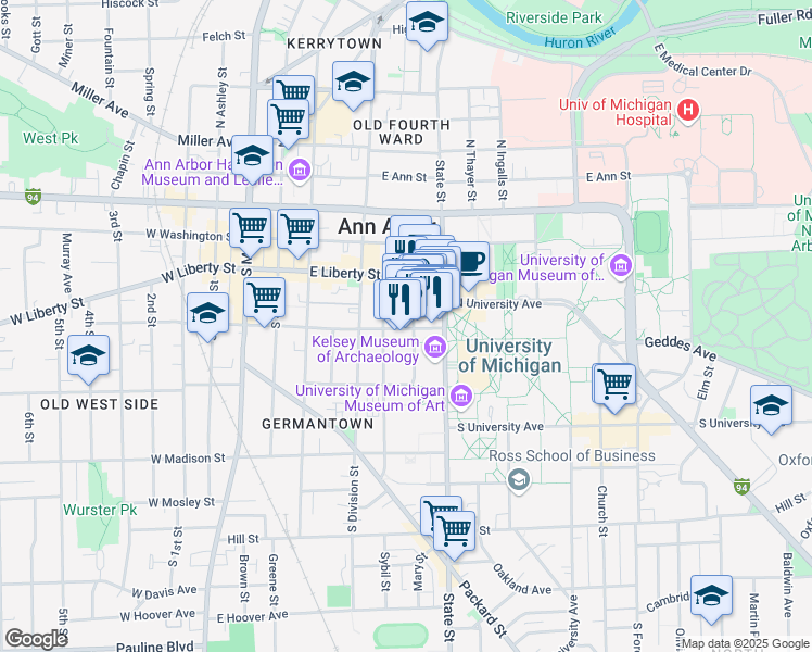 map of restaurants, bars, coffee shops, grocery stores, and more near 402 Maynard Street in Ann Arbor