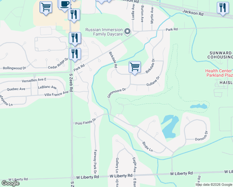 map of restaurants, bars, coffee shops, grocery stores, and more near 595 Glenmoore Drive in Ann Arbor