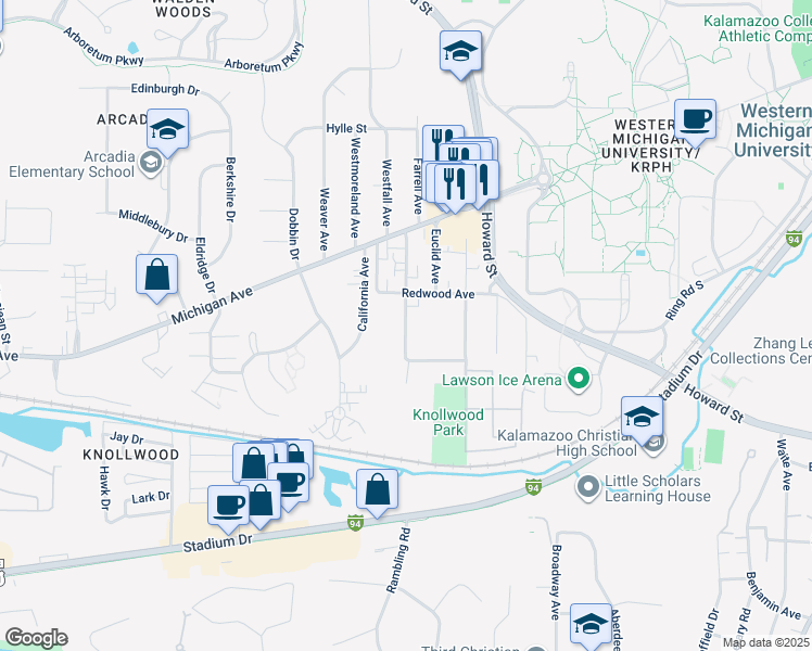 map of restaurants, bars, coffee shops, grocery stores, and more near 1323 Greenwood Avenue in Kalamazoo