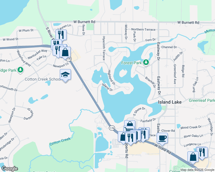 map of restaurants, bars, coffee shops, grocery stores, and more near 210 Island Drive in Island Lake