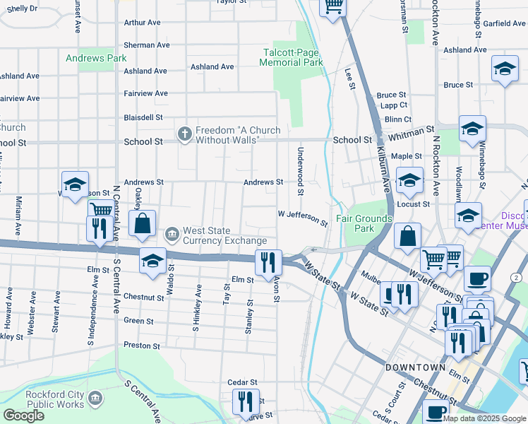 map of restaurants, bars, coffee shops, grocery stores, and more near 1121 Avon Court in Rockford