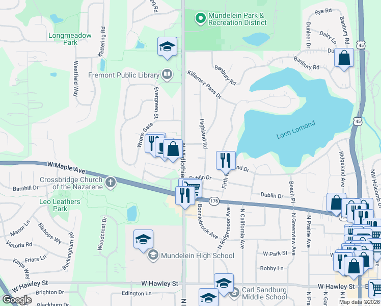 map of restaurants, bars, coffee shops, grocery stores, and more near 933 North Midlothian Road in Mundelein