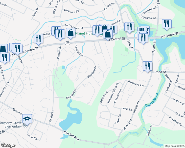 map of restaurants, bars, coffee shops, grocery stores, and more near 2 Post Oak Lane in Natick
