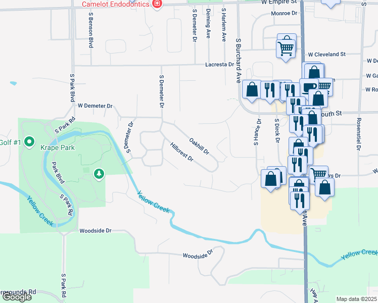 map of restaurants, bars, coffee shops, grocery stores, and more near 1156 Hillcrest Drive in Freeport