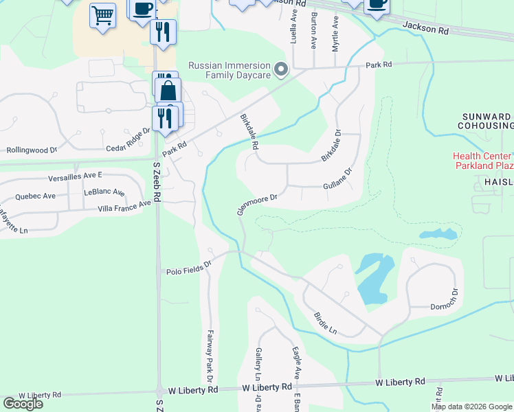 map of restaurants, bars, coffee shops, grocery stores, and more near 595 Glenmoore Drive in Ann Arbor