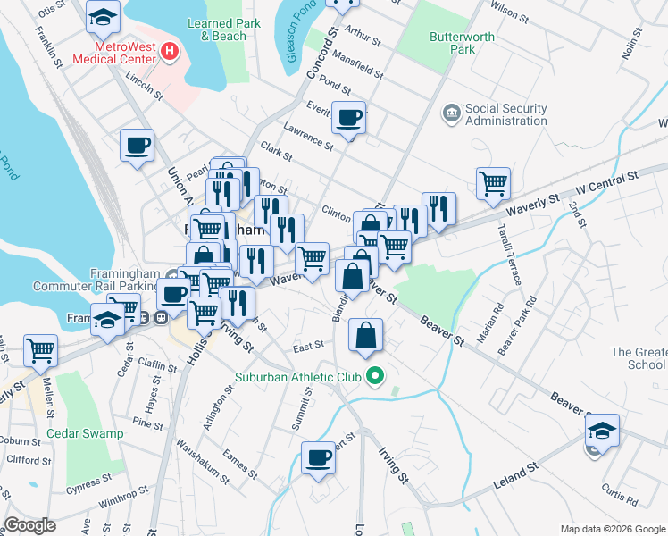 map of restaurants, bars, coffee shops, grocery stores, and more near 11 Blandin Avenue in Framingham