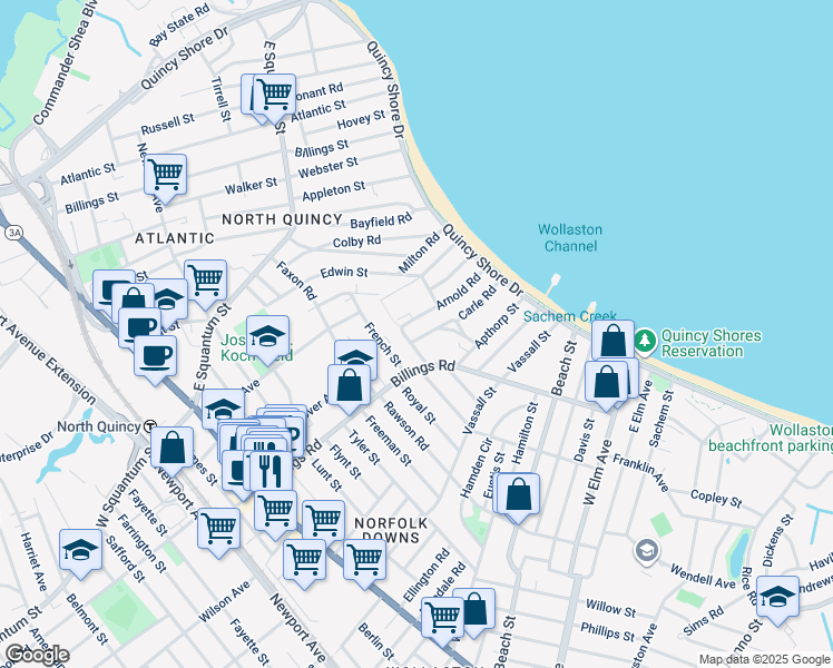 map of restaurants, bars, coffee shops, grocery stores, and more near 58 Marshall Street in Quincy