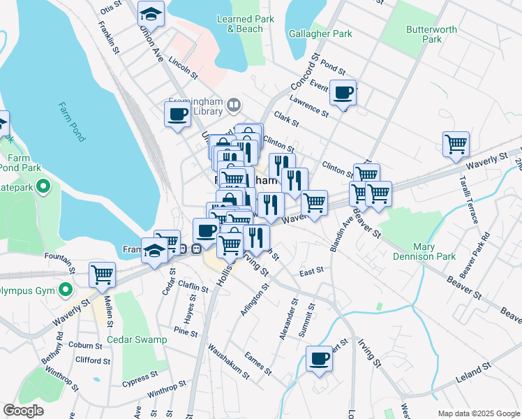 map of restaurants, bars, coffee shops, grocery stores, and more near 134 Howard Street in Framingham