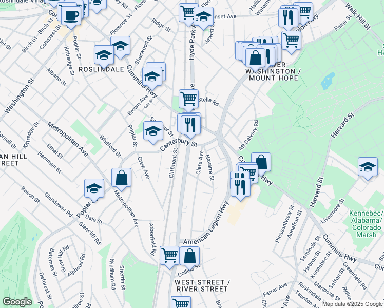 map of restaurants, bars, coffee shops, grocery stores, and more near 650 Hyde Park Avenue in Boston