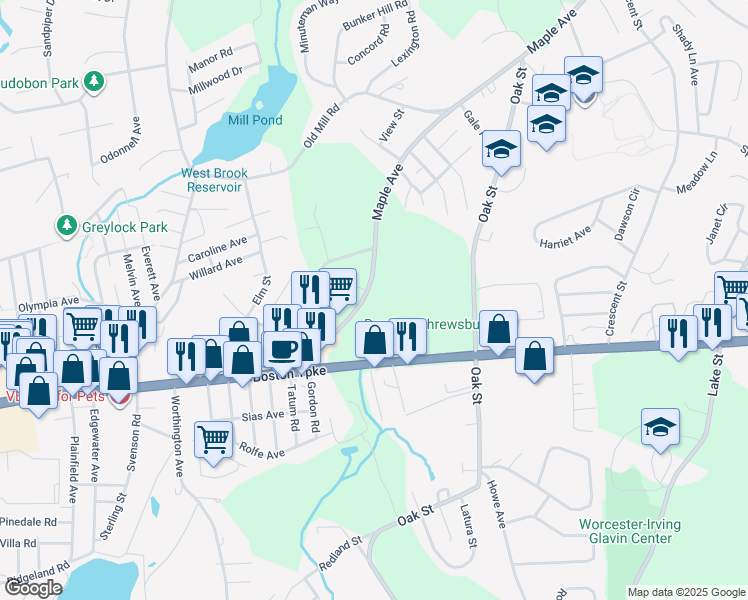 map of restaurants, bars, coffee shops, grocery stores, and more near 335 Maple Avenue in Shrewsbury