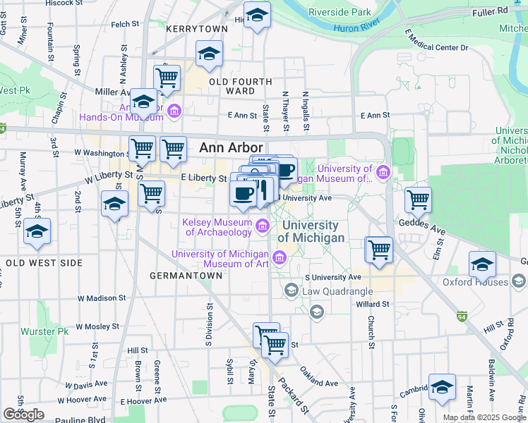 map of restaurants, bars, coffee shops, grocery stores, and more near in Ann Arbor