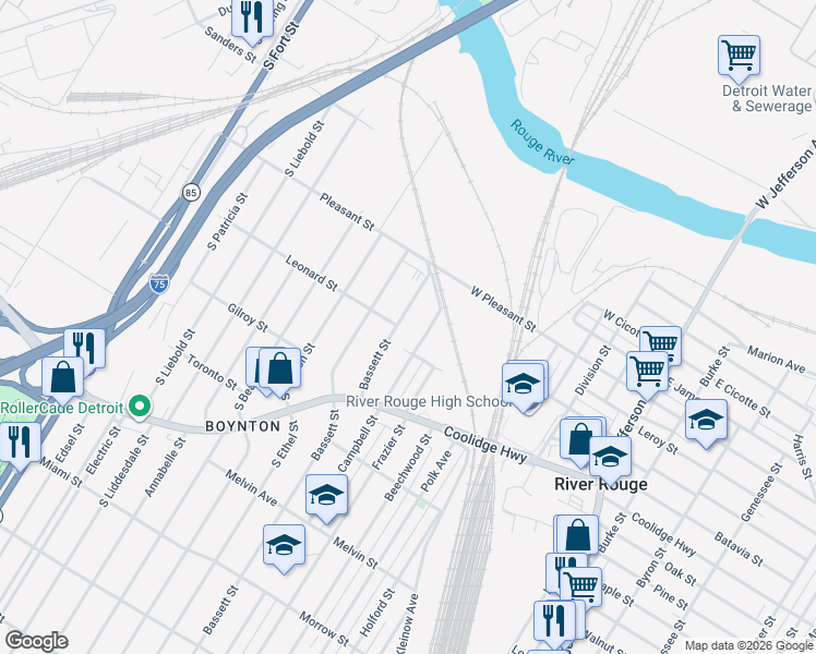 map of restaurants, bars, coffee shops, grocery stores, and more near 1145 Bassett Street in Detroit