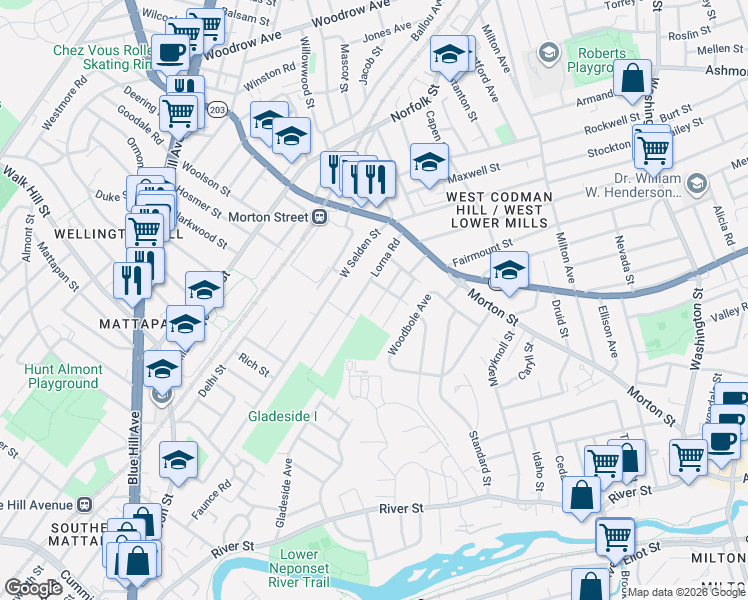 map of restaurants, bars, coffee shops, grocery stores, and more near 48 Stow Road in Boston