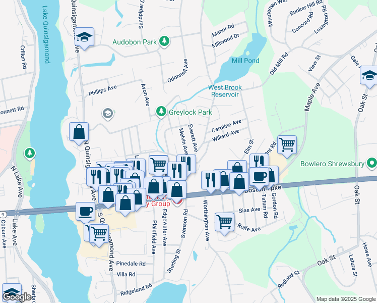 map of restaurants, bars, coffee shops, grocery stores, and more near 6 Melvin Avenue in Shrewsbury