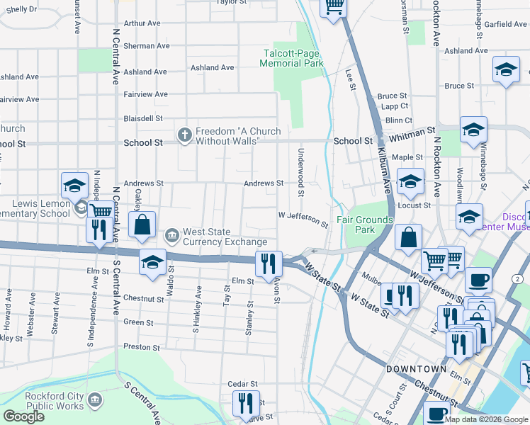 map of restaurants, bars, coffee shops, grocery stores, and more near 1116 West Jefferson Street in Rockford