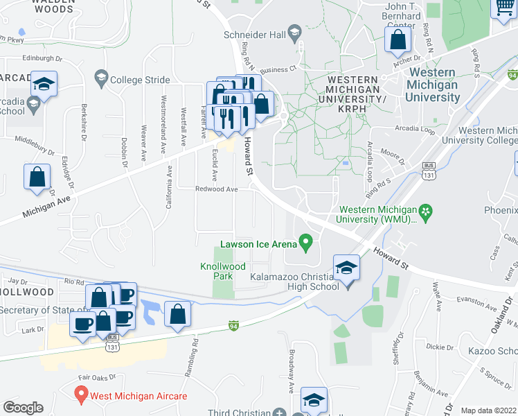 map of restaurants, bars, coffee shops, grocery stores, and more near 1315 Sutherland Avenue in Kalamazoo