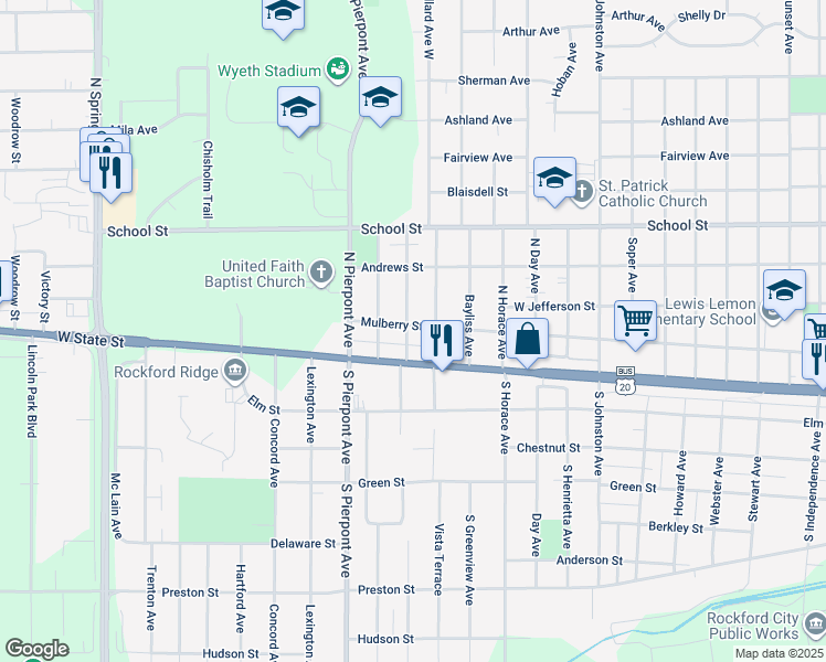map of restaurants, bars, coffee shops, grocery stores, and more near 129 Burbank Avenue West in Rockford