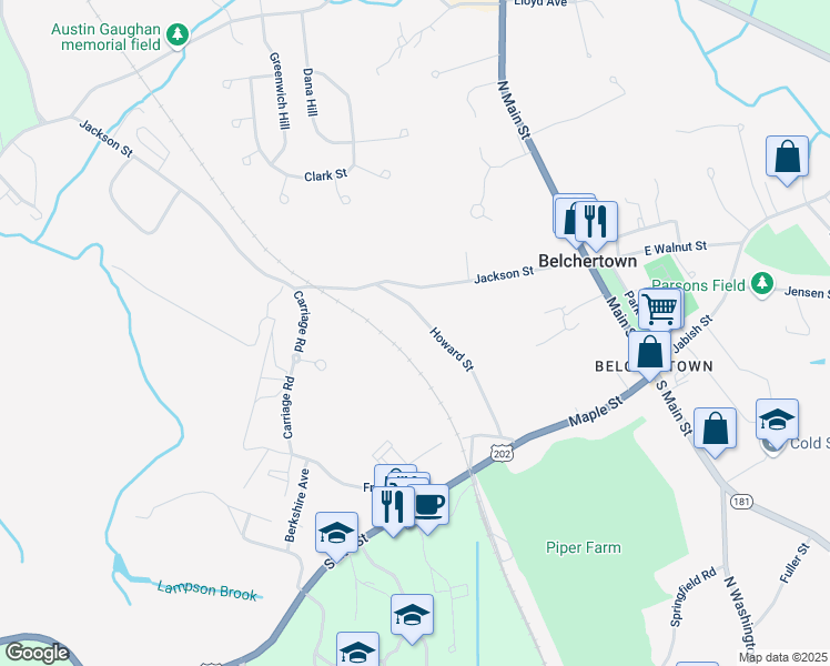 map of restaurants, bars, coffee shops, grocery stores, and more near 79 Howard Street in Belchertown
