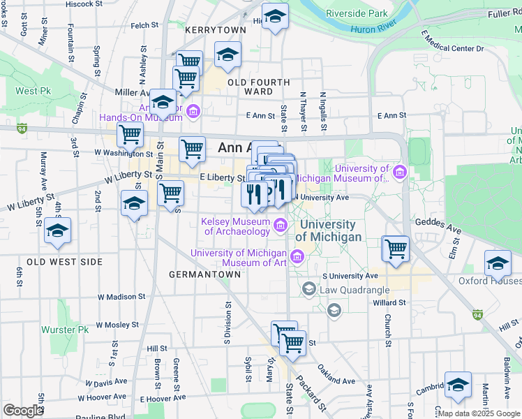 map of restaurants, bars, coffee shops, grocery stores, and more near 402 Maynard Street in Ann Arbor