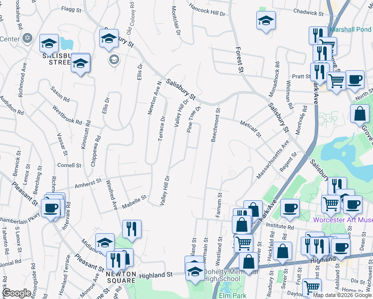map of restaurants, bars, coffee shops, grocery stores, and more near 2 Pine Tree Lane in Worcester