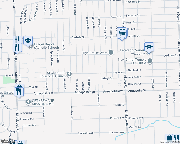 map of restaurants, bars, coffee shops, grocery stores, and more near 4177 Hickory Street in Inkster