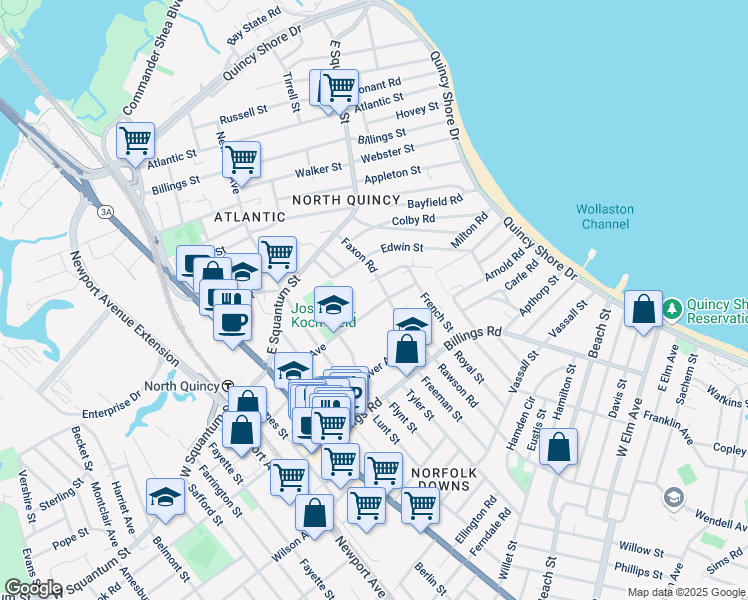 map of restaurants, bars, coffee shops, grocery stores, and more near 103 Hollis Avenue in Quincy