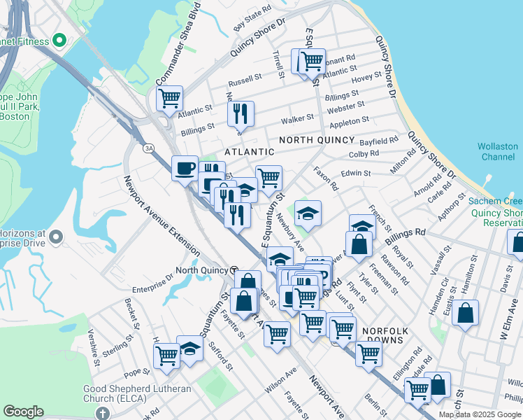map of restaurants, bars, coffee shops, grocery stores, and more near 50 East Squantum Street in Quincy