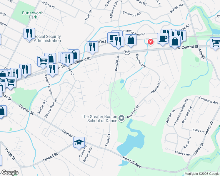 map of restaurants, bars, coffee shops, grocery stores, and more near 2 Village Hill Lane in Natick
