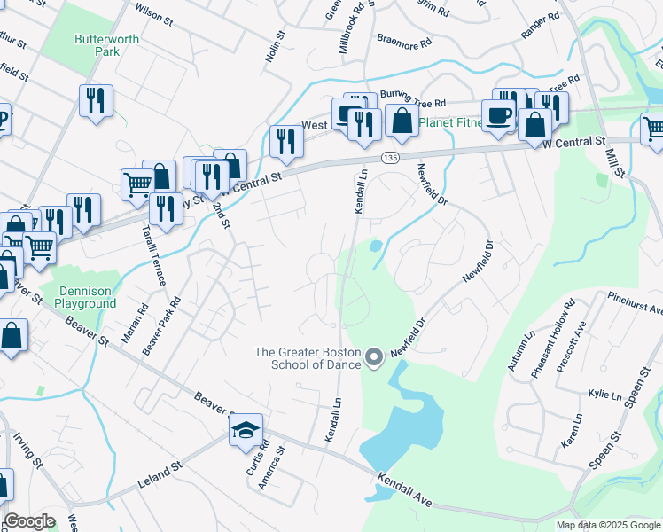 map of restaurants, bars, coffee shops, grocery stores, and more near 2 Village Hill Lane in Natick
