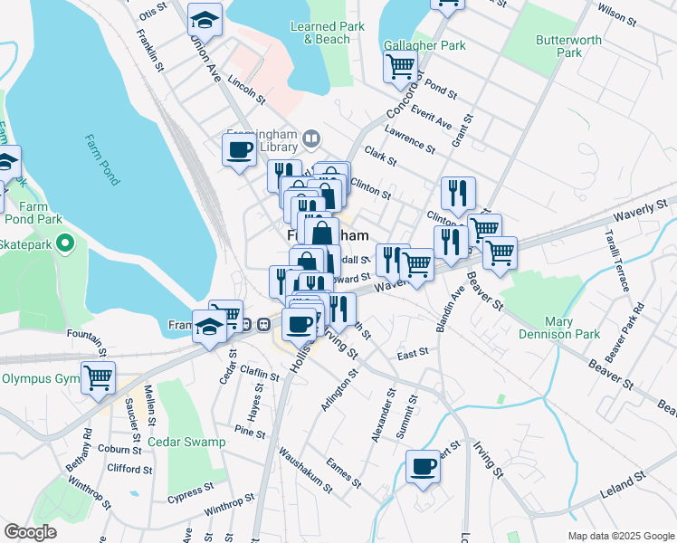 map of restaurants, bars, coffee shops, grocery stores, and more near 134 Howard Street in Framingham