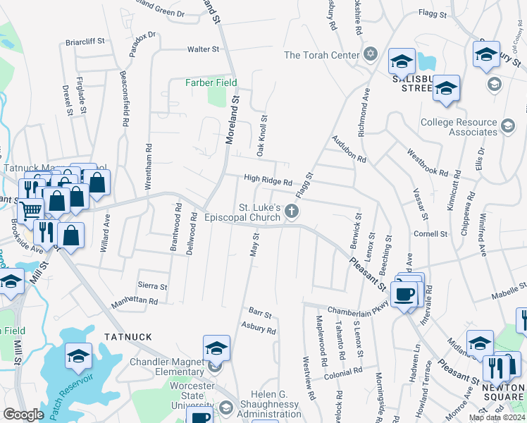 map of restaurants, bars, coffee shops, grocery stores, and more near 931 Pleasant Street in Worcester