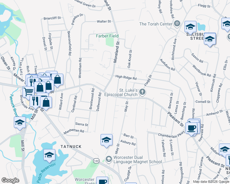 map of restaurants, bars, coffee shops, grocery stores, and more near 980 Pleasant Street in Worcester