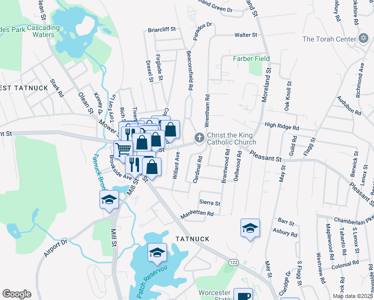 map of restaurants, bars, coffee shops, grocery stores, and more near 4 Maxdale Road in Worcester