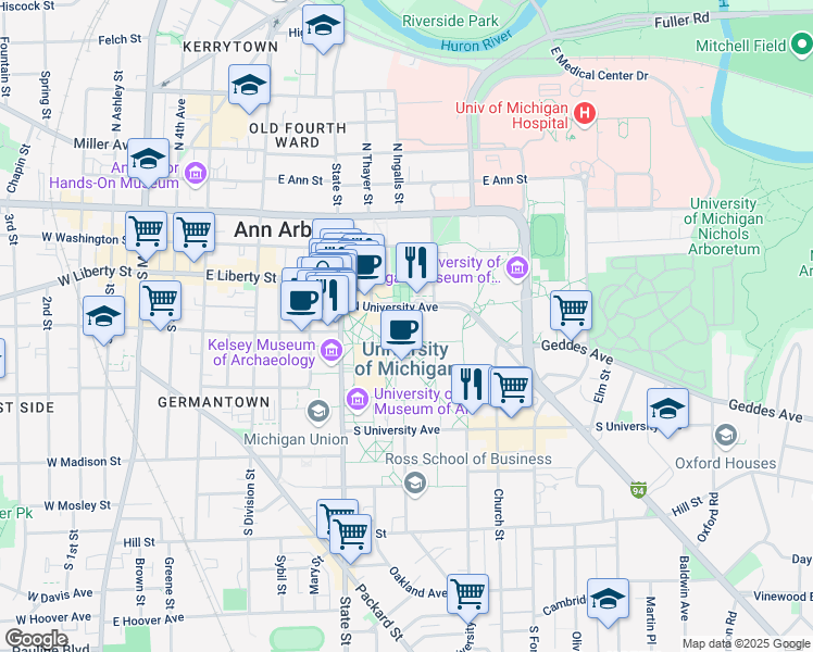 map of restaurants, bars, coffee shops, grocery stores, and more near in Ann Arbor