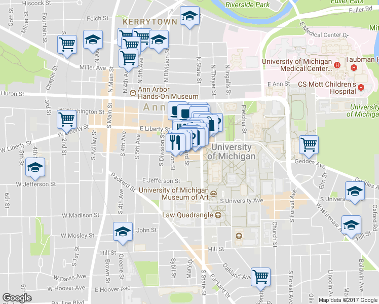 map of restaurants, bars, coffee shops, grocery stores, and more near 402 Maynard Street in Ann Arbor