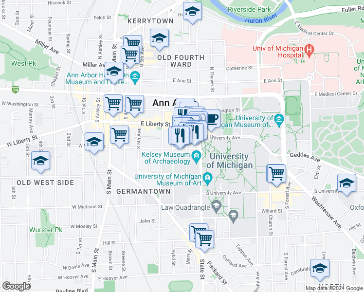 map of restaurants, bars, coffee shops, grocery stores, and more near 402 Maynard Street in Ann Arbor