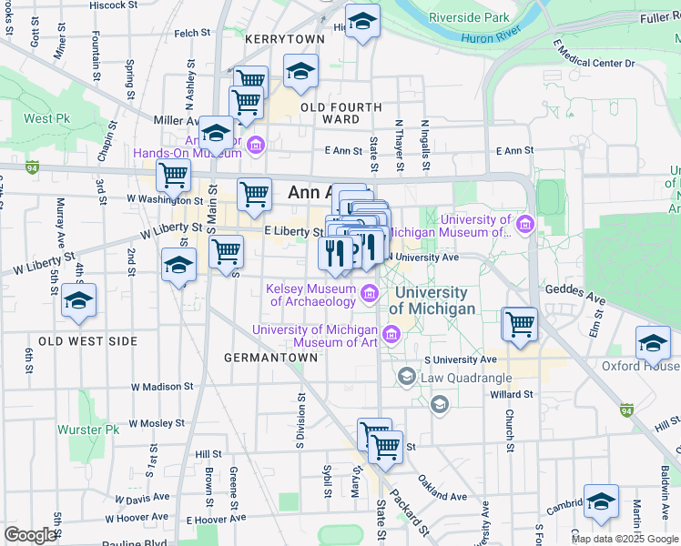 map of restaurants, bars, coffee shops, grocery stores, and more near 402 Maynard Street in Ann Arbor