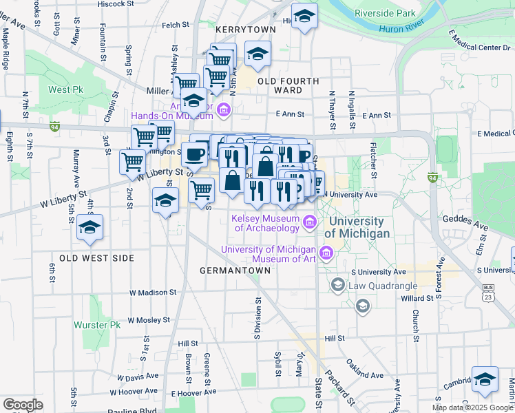 map of restaurants, bars, coffee shops, grocery stores, and more near 407 Hamilton Place in Ann Arbor