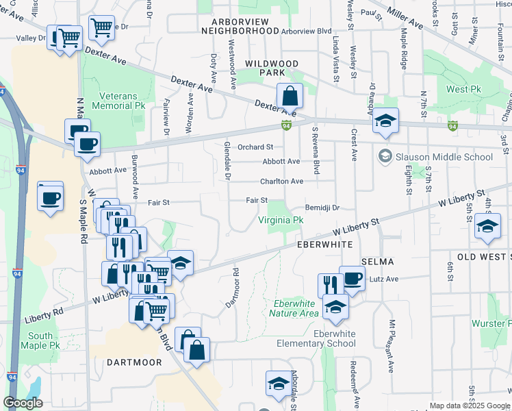 map of restaurants, bars, coffee shops, grocery stores, and more near 594 Glendale Circle in Ann Arbor