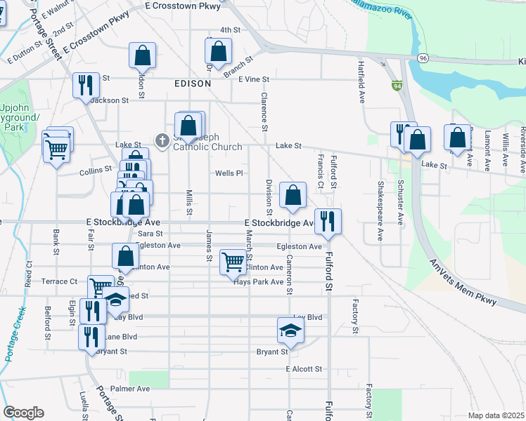 map of restaurants, bars, coffee shops, grocery stores, and more near 1507 East Stockbridge Avenue in Kalamazoo