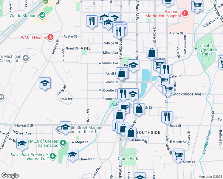 map of restaurants, bars, coffee shops, grocery stores, and more near 619 McCourtie Street in Kalamazoo