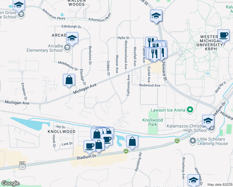 map of restaurants, bars, coffee shops, grocery stores, and more near 1345 Fraternity Village Drive in Kalamazoo