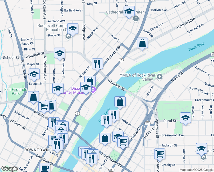 map of restaurants, bars, coffee shops, grocery stores, and more near 813 Illinois 2 in Rockford