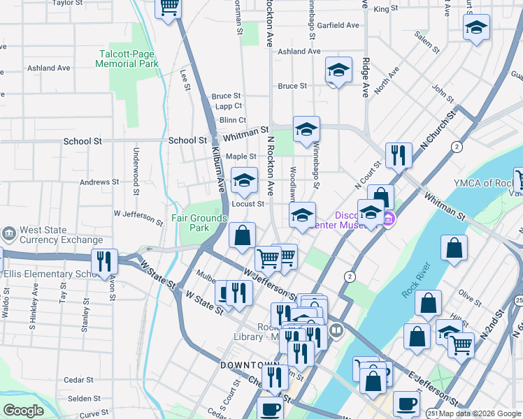 map of restaurants, bars, coffee shops, grocery stores, and more near 522 North Rockton Avenue in Rockford