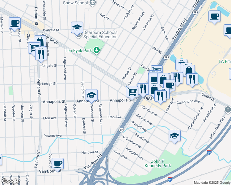 map of restaurants, bars, coffee shops, grocery stores, and more near 4565 Fleming Street in Dearborn Heights