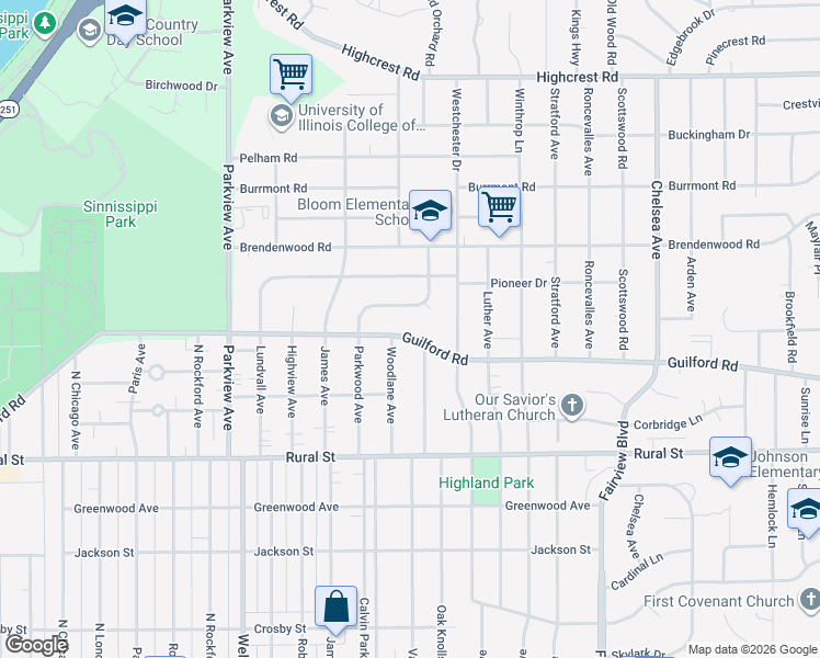 map of restaurants, bars, coffee shops, grocery stores, and more near 838 Green Meadow Avenue in Rockford