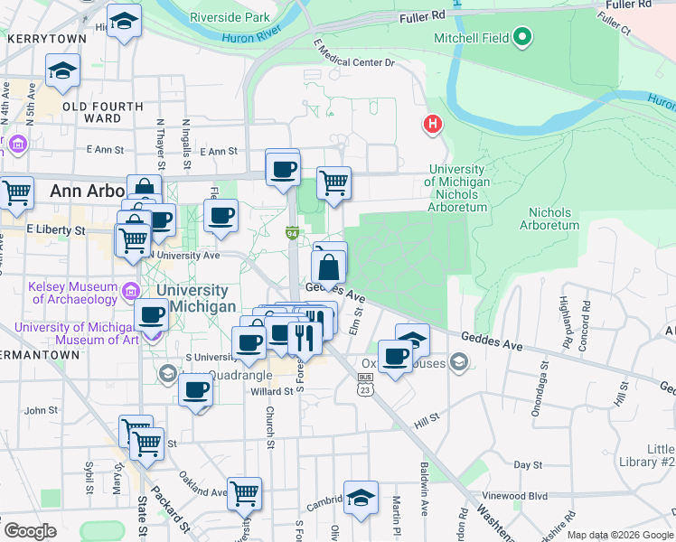 map of restaurants, bars, coffee shops, grocery stores, and more near 410 Observatory Street in Ann Arbor